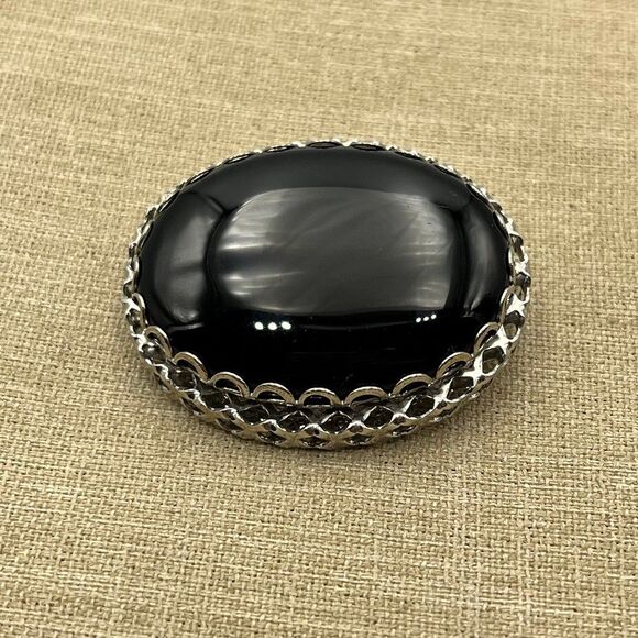 Vintage Large heavy black onyx brooch pin - Picture 8 of 10
